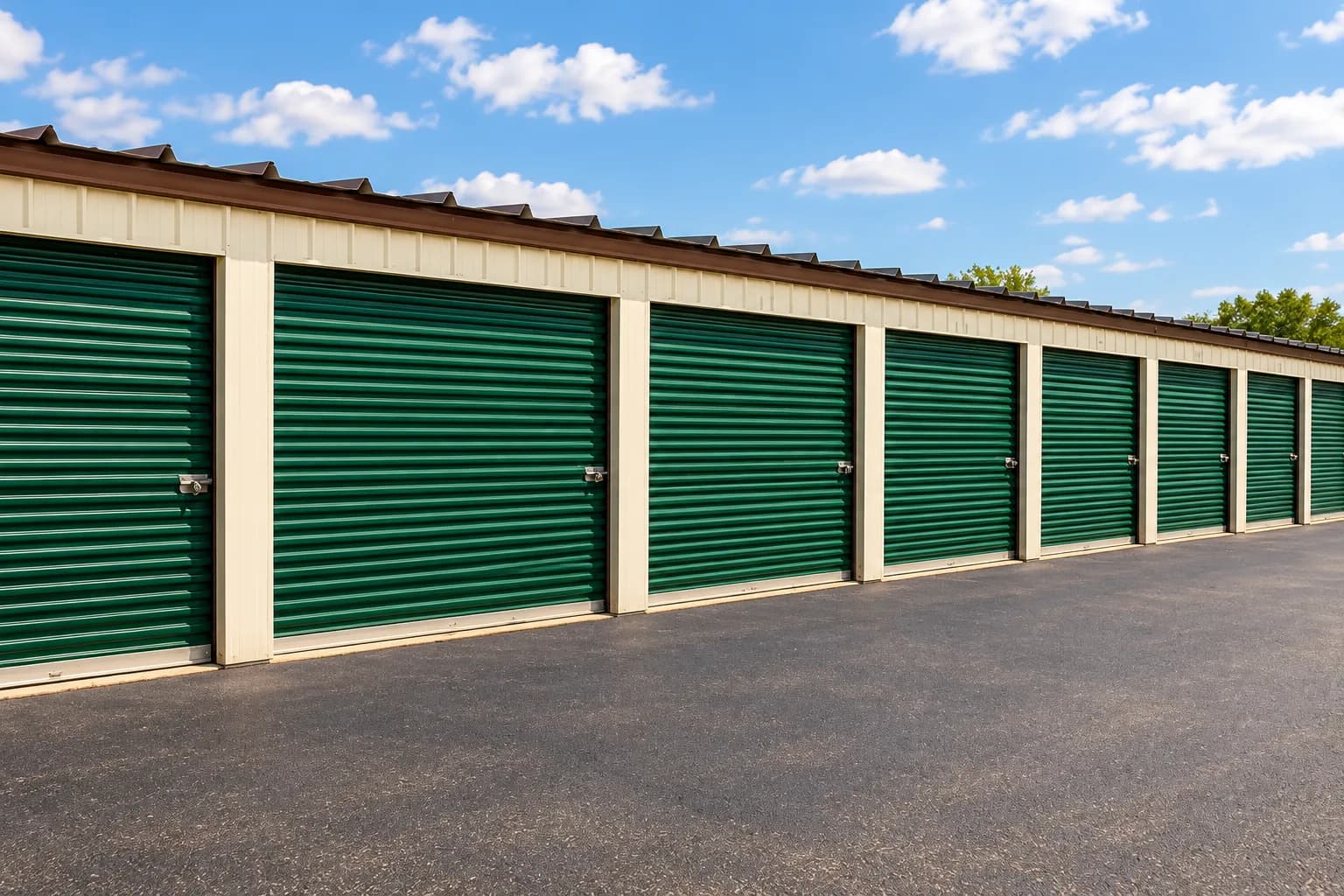 A row of drive-up storage units with green roll-up doors