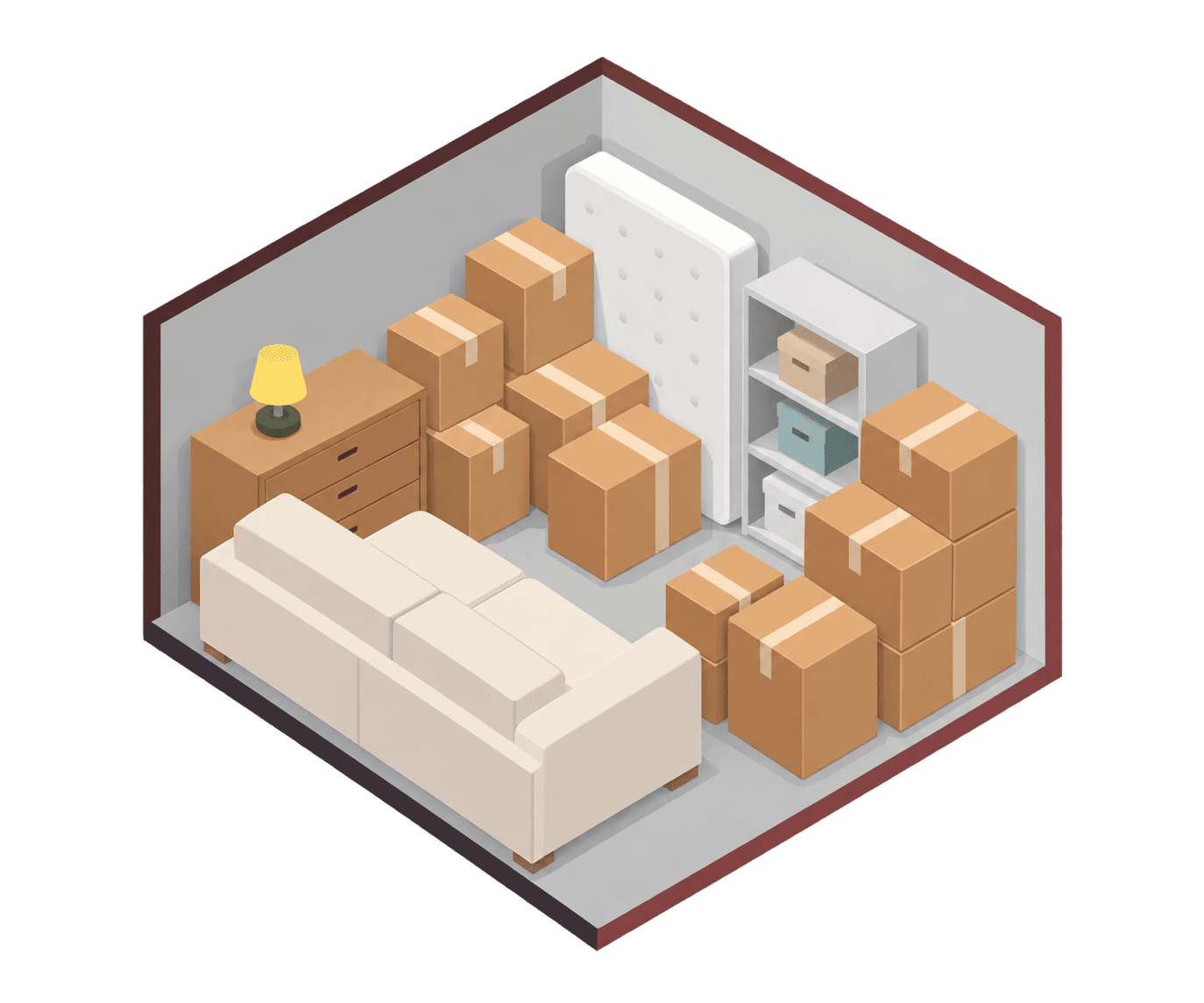 Illustration of a 10x10 storage unit holding a sofa, dresser, mattress, shelving, and moving boxes